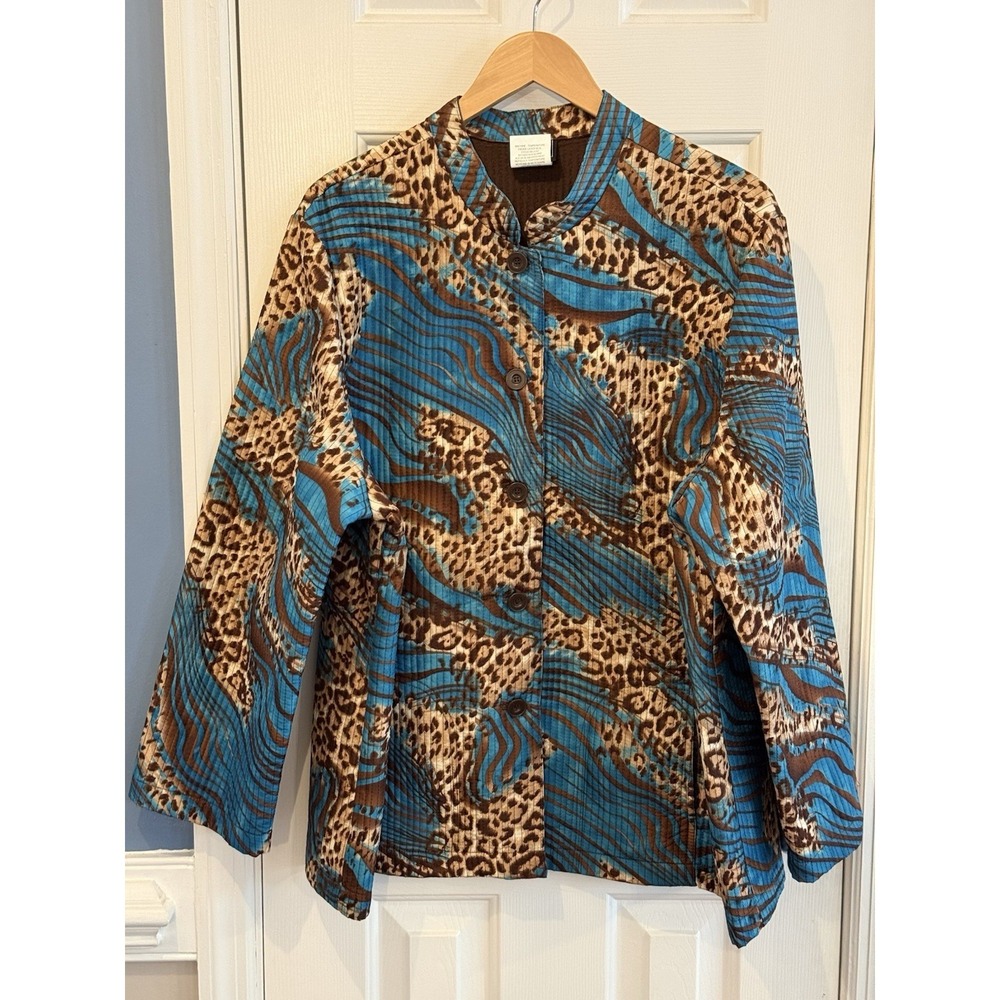 Southern Lady Blue Brown Animal Print Jacket Pockets Size Tall 22W Fall